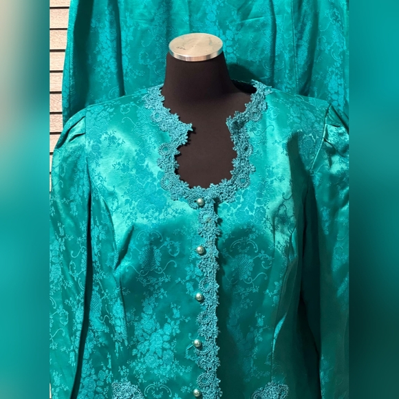 Vintage 80s Brocade Floral Embroidered Skirt Set Suit Pearl Dress Jacket Blazer - Picture 6 of 16